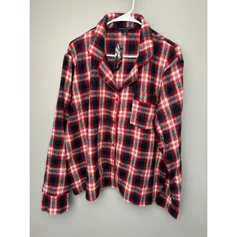 Women's PrettyLittleThing Red Black Plaid Flannel Pajama Top L